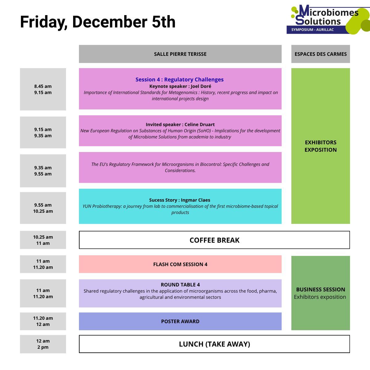 Programme Symposium international Microbiomes Solutions du vendredi 5 décembre 2025 qui se tiendra à Aurillac (Cantal - France)