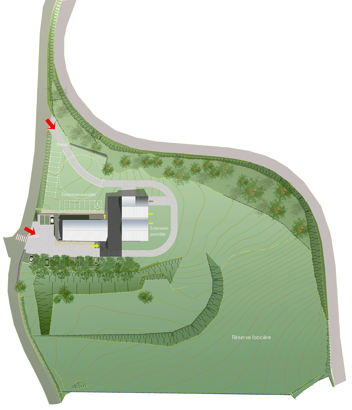 Le projet se compose de trois principaux volumes. Le premier accueillera l’essentiel de la partie ERP ; il est constitué par la réhabilitation de l’ancienne maison-grange dont il restitue la volumétrie. Le second volume constitue l’articulation du bâtiment